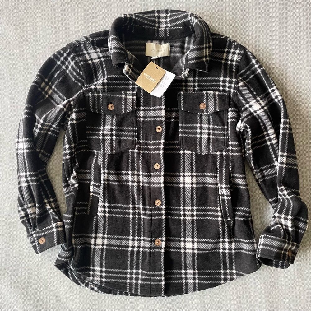 Ecothreads Black & White Plaid Button Down Fleece Shacket NWT Women’s Size XL